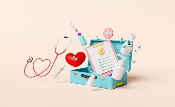 first aid kit bag with check list, stethoscope, syringe, red heart and blood pressure heart rate isolated on cream color background. health love or world heart day concept, 3d illustration, 3d render