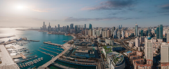 Fototapeta premium Aerial photography of Qingdao coastline Olympic Sailing Center panoramic large format