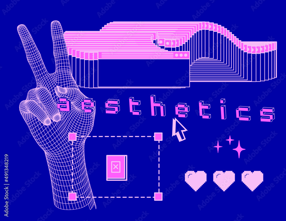 Poster collage with 3d low-poly model of a hand showing v-sign and a pixel heart. webpunk style aesthetics.