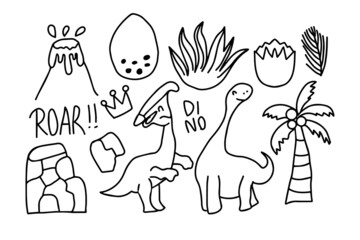 Set of dino doodles illustration. Funny cartoon dino collection. Hand drawn vector doodle set for kids. Black and white,