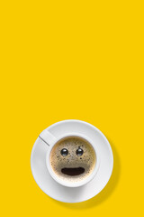 cup of hot espresso coffee with coffee bubble of smile face