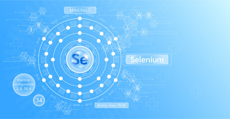 Minerals selenium and Vitamin capsule. Symbol and electron diagram and atomic number. Chemical element of periodic table. Science icon pattern medical innovation. Blue background vector EPS10. - obrazy, fototapety, plakaty
