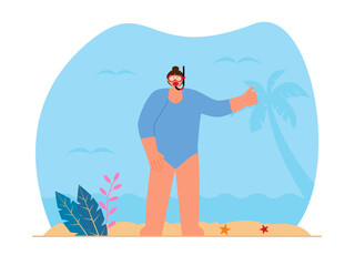 A woman wearing a swimsuit and diving goggles ready to dive. Beach holiday activities. Beach vector illustration.