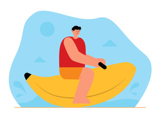 Beach holiday activities. Man riding a banana boat. Beach vector illustration.