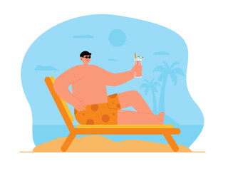 Man relaxing on beach chair while enjoying orange juice with beautiful beach background. Beach vector illustration.