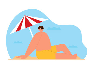 Man sitting sunbathing on the sand by the beach with an umbrella. Summer vacation activities on the beach. Beach vector illustration.