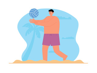 Active lifestyle on beach with sand near sea or ocean with sky. Beach volleyball court with an ocean background.  Resort vacation sport concept. Beach vector illustration.