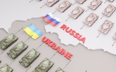 Escalation of the conflict on the border of Ukraine with Russia - concept of a 3d map with tanks deployed on both sides of the conflict - 3D render