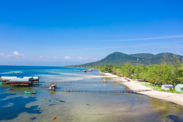 Fototapeta na wymiar Panoramic view from above Rach Vem raft village in Phu Quoc. This place is a famous tourist destination and is a pristine beach with fine white sand