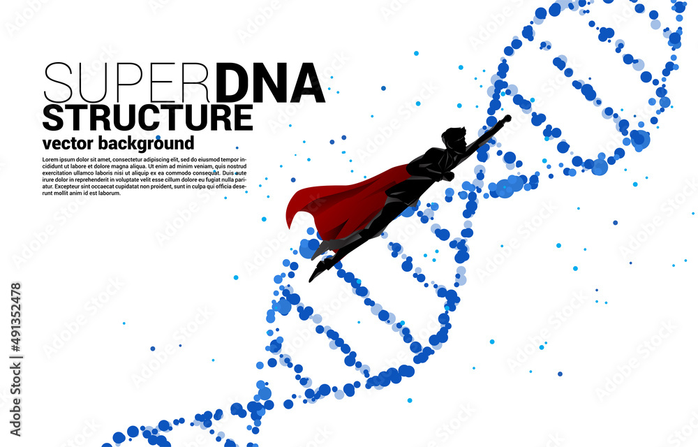 Poster silhouette of businessman in superhero flying with dna genetic structure from dot random. background