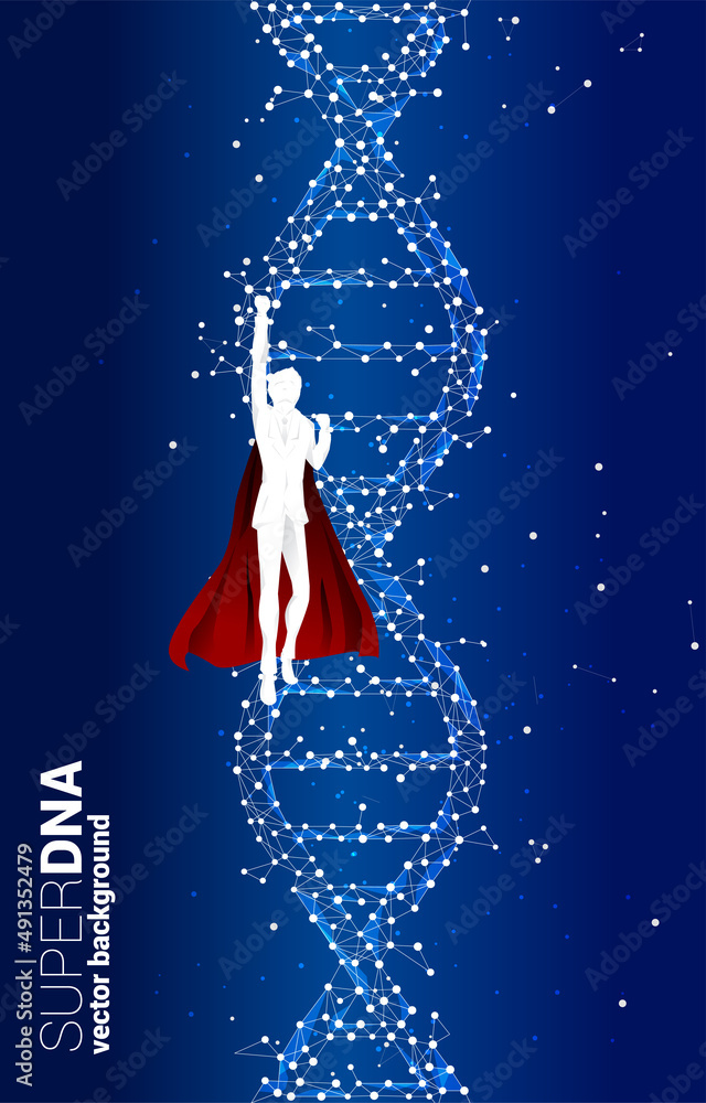 Poster silhouette of businessman in superhero flying with dna genetic structure from dot connect line polyg