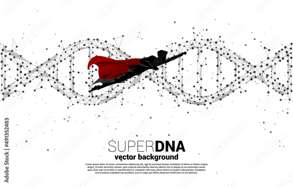 Poster silhouette of businessman in superhero flying with dna genetic structure from dot connect line polyg