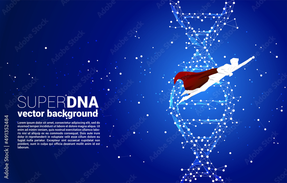 Poster silhouette of businessman in superhero flying with dna genetic structure from dot connect line polyg