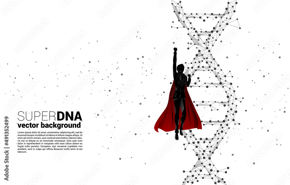 Poster silhouette of businessman in superhero flying with dna genetic structure from dot connect line polyg