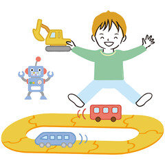 線画カラーイラスト　レールと乗り物のおもちゃで遊ぶ子供