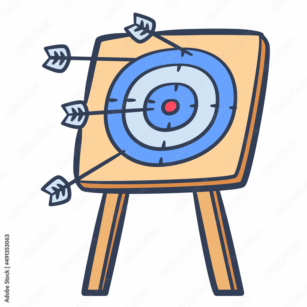 Poster bullseye arrow aim goal target objective purpose single isolated icon with doodle colorfull color st