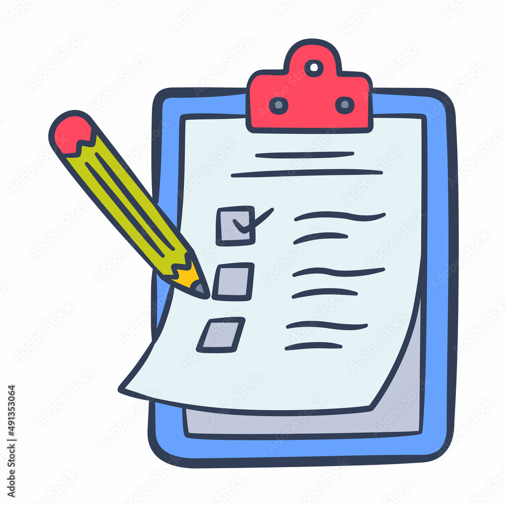 Poster task todo list pen clipboard job mission work duty project single isolated icon with doodle colorful
