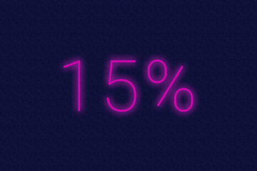 15% percent logo. fifteen percent neon sign. Number fifteen on dark purple background. 2d image