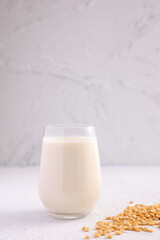 Soy milk in glass and soy bean isolated in white background - 491353424