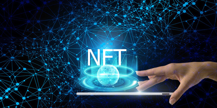 NFT On a dark background, a network connection, Visualization and simulation, Gamer, AR, VR, Innovation of futuristic