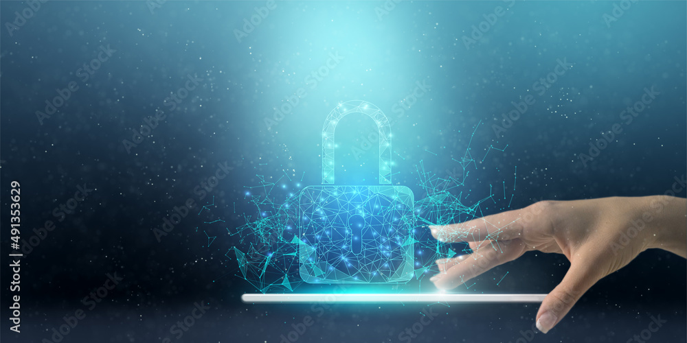 Poster protect cyber attacks with a double exposure of a hand touching a network connection. personal data 