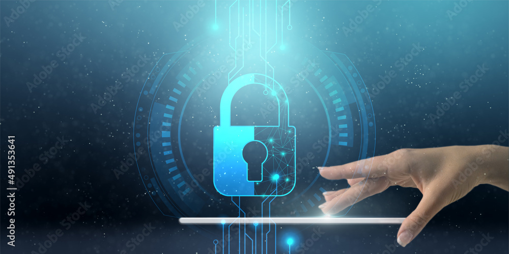 Poster protect cyber attacks with a double exposure of a hand touching a network connection. personal data 