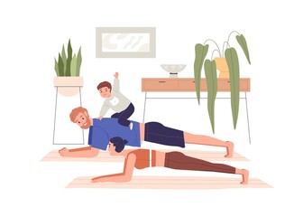 Family with kid doing sports at home. Parents and child exercising indoors together. Mother, father and toddler during physical workout practice. Flat vector illustration isolated on white background