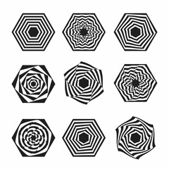 Set Geometric Black and White Abstract Hypnotic Worm-Hole Tunnel - Optical Illusion - Vector Illusion Optical Art