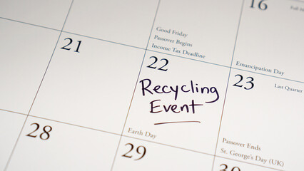 Recycling event marked on a calendar for Earth Day, April 22.