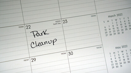 Park cleanup event marked on a calendar for Earth Day, April 22.