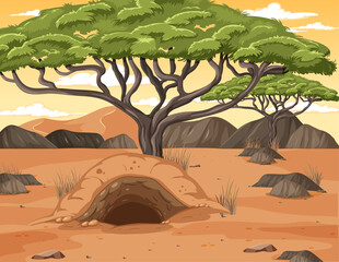 Desert landscape with trees and animals burrow - obrazy, fototapety, plakaty