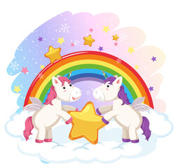 Two cute unicorns holding a star together with rainbow background