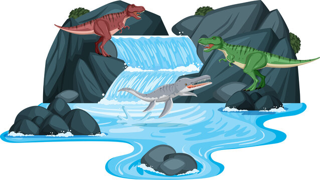 Scene with dinosaurs by the waterfall