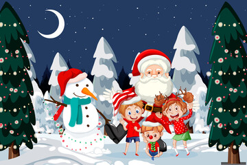 Santa and happy children in snowy night scene