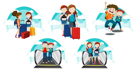 Obraz na płótnie Canvas A set of Travel holiday theme girls and boy on white background