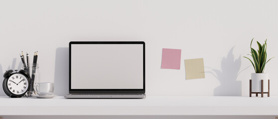 Fototapeta Modern minimal white office desk workspace with open laptop computer obraz