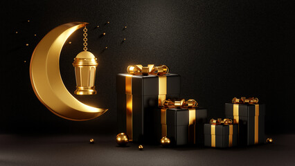 3D rendering Ramadan Kareem Crescent Moon and Gift Box, Religion Islamic, happy eid mubarak illustration backgrounds