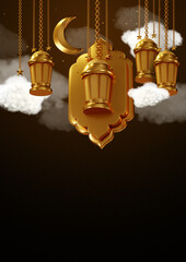 3D rendering Ramadan Kareem Lanterns, lamps gold color, religion Islamic, happy eid mubarak 