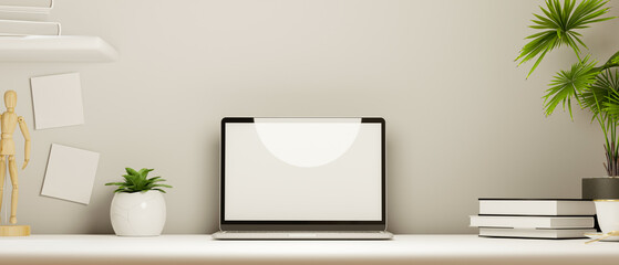 Modern minimal white workspace interior with notebook laptop