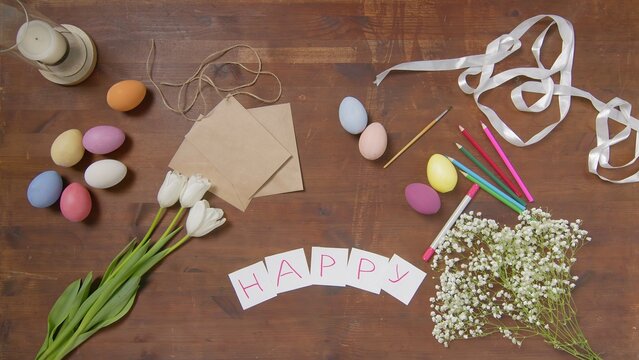 Top view of a table with items to create a composition for Easter. Happy Easter. Church holiday-Easter