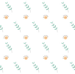 Pattern of spring time, seamless of  green leave and sun on white background of print .
