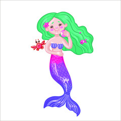 vector children's illustration cute kind mermaid with her friend crab eats an apple 