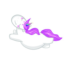 Cute childish cartoon illustration with a funny unicorn. Flying white unicorn with pink mane and rainbow horn, childish illustration. For girls 