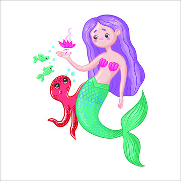 vector children's illustration cute kind mermaid with her friend octopus and fish her friend octopus. 