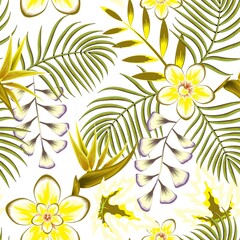 beautiful color summer tropical plant seamless pattern palm leaves, banana leaf and abstract frangipani, strelitzia flowers on light background with bright flowers drawing. fashionable prints texture