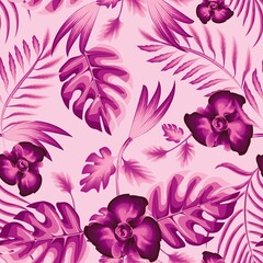 monochromatic pink Flower and leaves tropical exotic seamless pattern colorful fabric texture print repeated. Exotic monstera fern leaf elements, palm foliage and branches on light background. summer