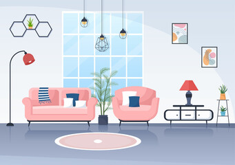 Home Furniture Flat Design Illustration for the Living Room to be Comfortable Like a Sofa, Desk, Cupboard, Lights, Plants and Wall Hangings