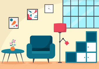 Home Furniture Flat Design Illustration for the Living Room to be Comfortable Like a Sofa, Desk, Cupboard, Lights, Plants and Wall Hangings