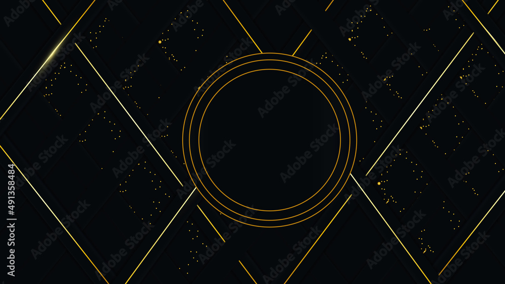 Poster golden square and round shape abstract background with glowing lines. modern royal black background.