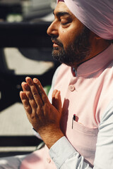 Fototapeta premium Portrait of Indian sikh man in turban with bushy beard